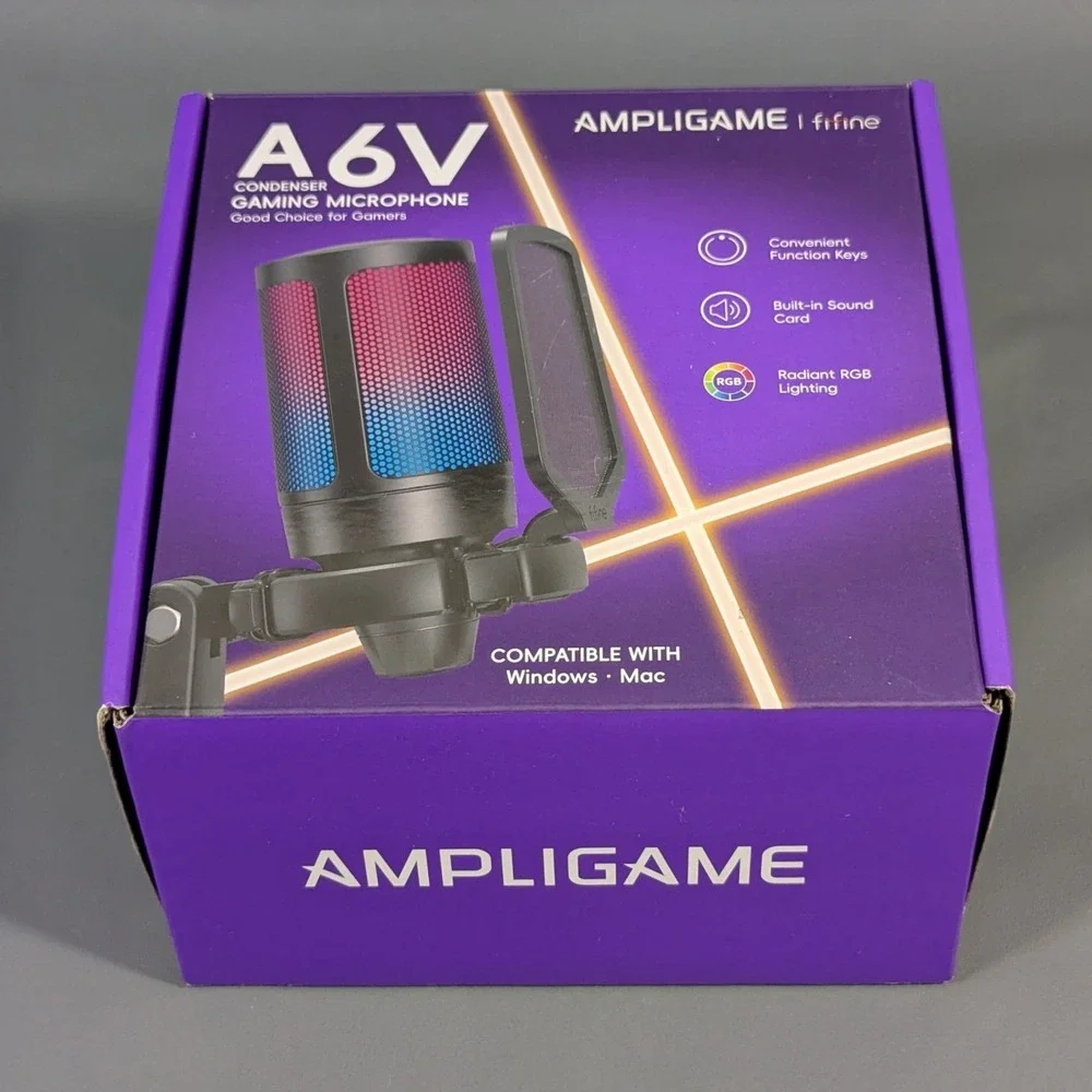 Fifine Ampligame A6V USB Gaming Microphone RGB Condenser Black Windows Mac